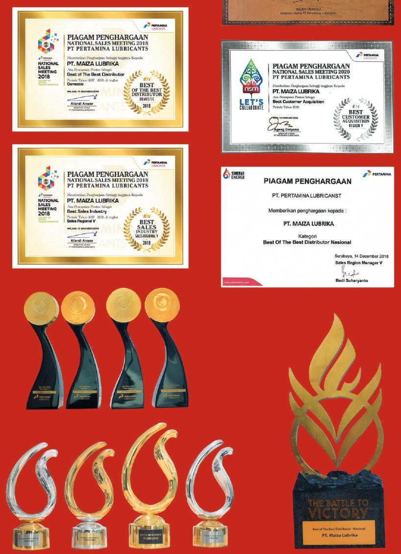 Piagam dan trofi dari PT Pertamina Lubricants.